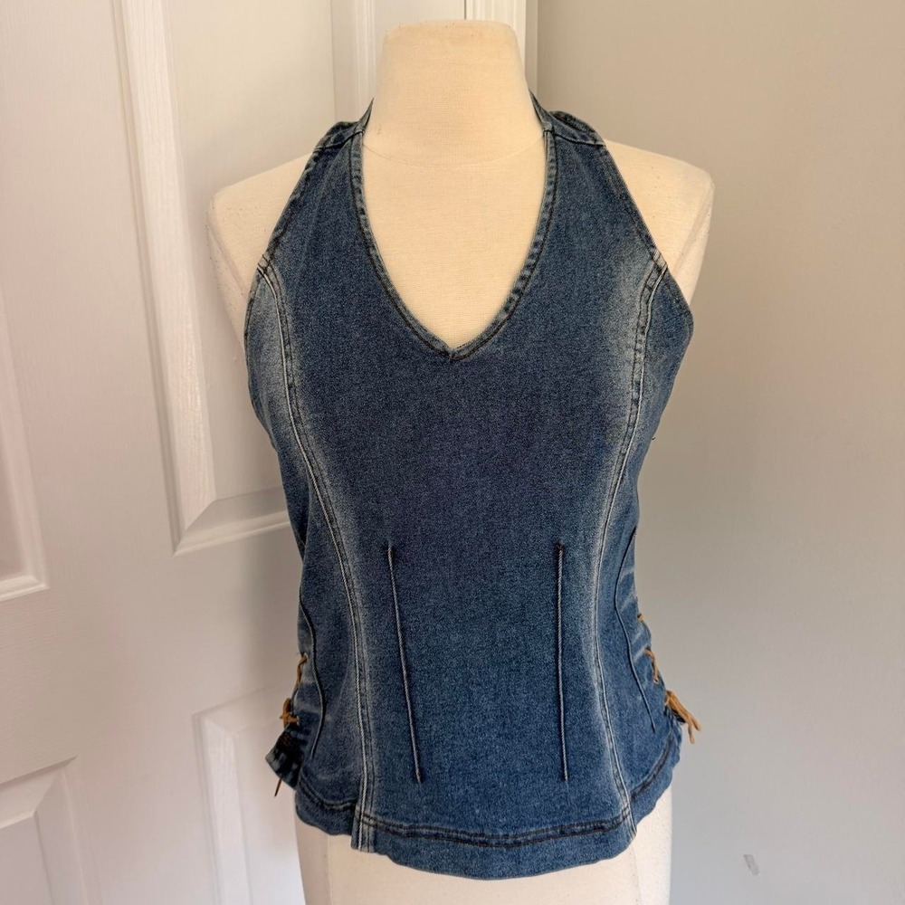 Y2K MEDIUM WASH VILLAGE JEANS DENIM WESTERN HALTER NECK TOP